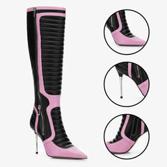 Tuhoomall Knee High Party Boots with Pointed Toe, 10cm Stiletto Heels, Stylish Striped Pattern, Perfect for Fashionable Events Tuhoomall