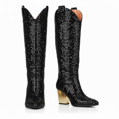 Tuhoomall Rhinestone Western Mid-Calf Boots for Women, Stylish 3.15 in Chunky Heel, Vegan Suede, Perfect for Parties and Performances