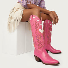 Tuhoomall Western Knee High Boots With Rubber Sole, 5cm Chunky Heel, Embroidered Sweet Pink Hearts For Casual Fashion All Year Round