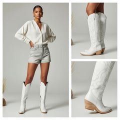 Tuhoomall Western Knee-High Boots with Elegant Embroidery, Stylish Mid Heel for Casual and Office Wear, Durable Faux Suede Leather, All-Season Fashion