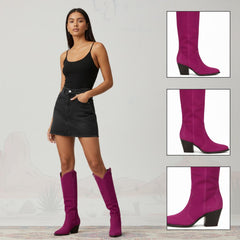 Tuhoomall Western Cowgirl Boots, Mid Calf Chunky Heels, Retro Classic Casual Style, Pointed Toe Slip-On, Solid Faux Suede, All Season Comfort