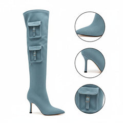 Tuhoomall Over-The-Knee Fashion Boots for Women, High Heels 9.5cm, Zipper Closure, Solid Color with Pocket and Metal Buckle, Perfect for Parties and Performances