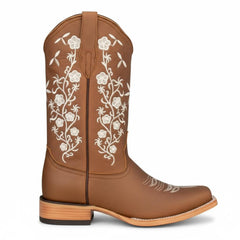 Tuhoomall Western Floral Embroidered Boots for Women - Slip-On, 3.5cm Chunky Heel, Square Toe, Outdoor Fashion, Versatile Everyday Wear