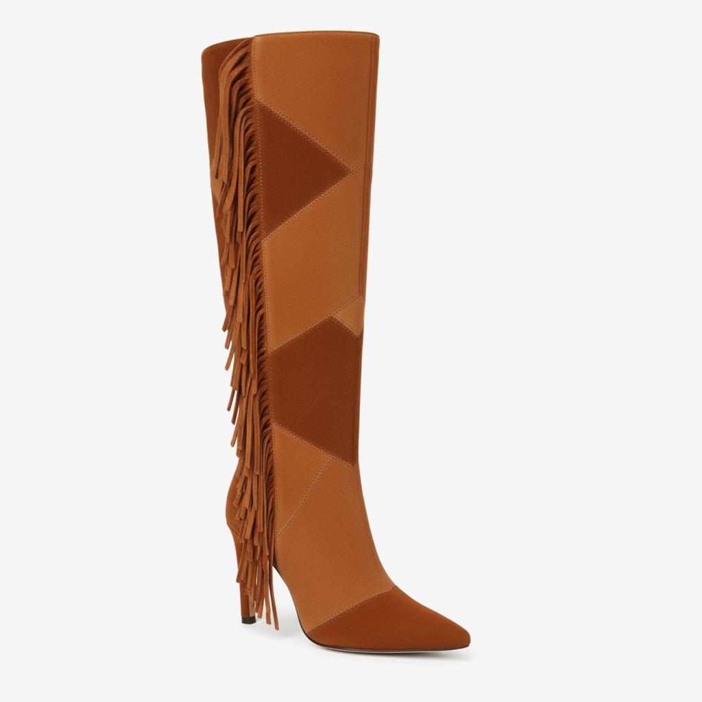 Tuhoomall Knee High High Heel Boots with Zipper, Embroidered Fringe and Geometric Patterns for Parties and Travel Tuhoomall