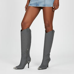 Tuhoomall Stylish High Heel Ankle Boots with Zipper, 10cm Stiletto, Rubber Sole, Metallic Shine, Denim Finish for Fashion, Casual, Office