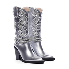 Tuhoomall Metallic Rhinestone Western Boots For Women - Pointed Toe, Block Heel, Fashion Statement For Parties, Made Of Vegan Leather And Embroidered Details
