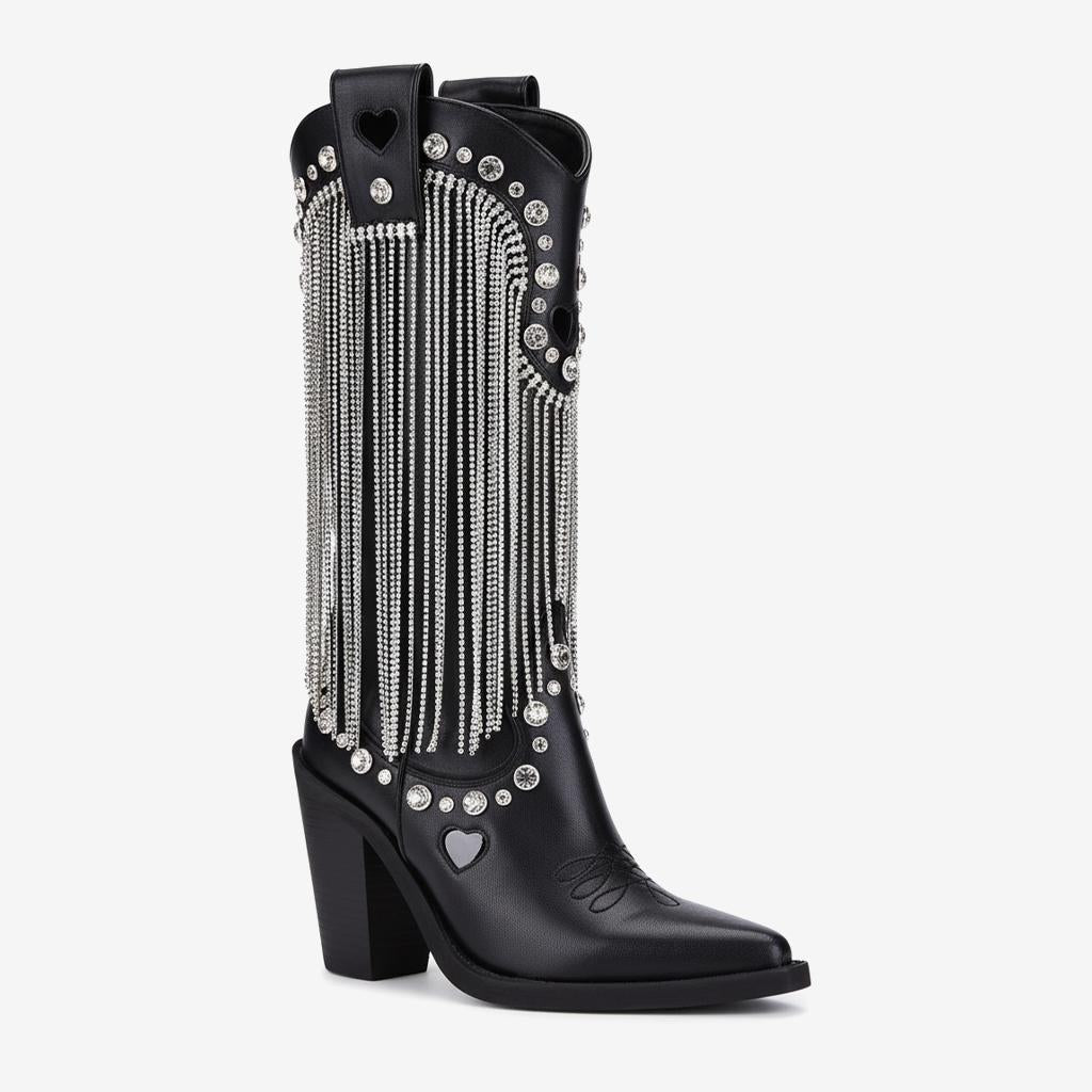 Tuhoomall Chunky Heel Western Rhinestone Booties with Fringes for Fashion Events, Pointed Toe, Slip-On Style, All-Day Comfort, Eye-Catching Design Tuhoomall
