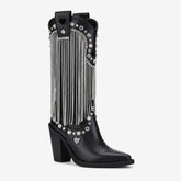 Tuhoomall Chunky Heel Western Rhinestone Booties with Fringes for Fashion Events, Pointed Toe, Slip-On Style, All-Day Comfort, Eye-Catching Design