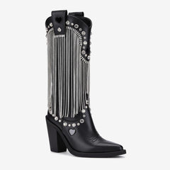 Tuhoomall Chunky Heel Western Rhinestone Booties with Fringes for Fashion Events, Pointed Toe, Slip-On Style, All-Day Comfort, Eye-Catching Design