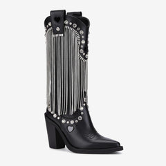 Tuhoomall Chunky Heel Western Rhinestone Booties with Fringes for Fashion Events, Pointed Toe, Slip-On Style, All-Day Comfort, Eye-Catching Design Tuhoomall
