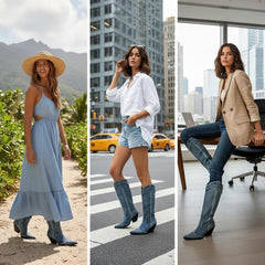 Tuhoomall Western Style Knee High Boots for Women, Retro Chunky Heels, Distressed Denim, Chic Pointed Toe, All-Season Slip-On Comfort