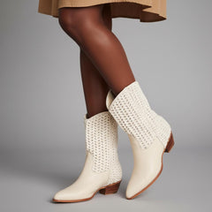 Tuhoomall Cowboy Style Chunky Heel Ankle Boots for Women, Pointed Toe, Zipper Closure, Stylish Crochet Detailing, Perfect for Work and Casual Outings