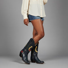 Tuhoomall Western Cowgirl Boots, Mid Calf Chunky Heel Slip-On, Floral Star Pattern, Comfortable Short Boots for Fashion Casual Lifestyle