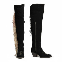 Tuhoomall Western Over Knee Boots with Fringe and Heart Pattern, Block Heel 2.76in, Zipper Closure, Faux Suede for Fashionable Boho Lifestyle