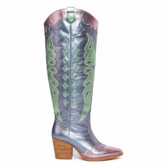 Tuhoomall Western Cowgirl Mid Calf Boots with Snip-Toe and Chunky Heel for Fashion Parties and Performances, Animal Pattern, Metallic Bright Surface Tuhoomall