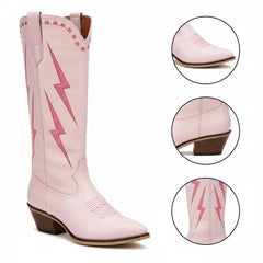 Tuhoomall Western Cowgirl Mid Calf Boots with Chunky Heel, Pointed Toe, Embroidered Design, Slip-On Style for Fashionable Casual Wear