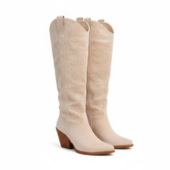 Tuhoomall Western Mid Calf Boots With Floral Embroidery And Rhinestones, Casual Style For Parties And Travel, Comfortable Rubber Sole, Chunky Heel 3.00 in