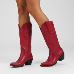 Tuhoomall Western Cowgirl Boots Mid Calf Chunky Heel Slip-On Embroidered Fashion Boots for Travel Outdoor Classic Style