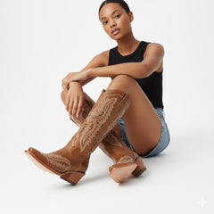 Tuhoomall Stylish Western Mid-Calf Boots for Women - Embroidered Vegan Leather, 2.76in Low Chunky Heel, Perfect for Year-Round Casual Wear