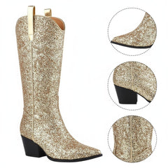 Tuhoomall Western Block Heel Ankle Boots with Glitter Detail, 2.50 in Heel Height, Stylish for Parties and Performances, Faux Leather Lining
