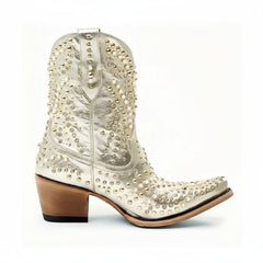 Tuhoomall Chunky Heel Western Short Ankle Boots for Women - Studded Design, Slip-On Comfort, Versatile for Travel and Weddings