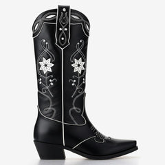 Tuhoomall Floral Embroidered Chunky Heel Ankle Boots for Women - Stylish Slip-On Comfortable Footwear for Travel and Casual Outings Tuhoomall