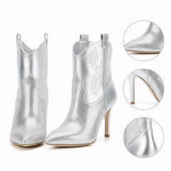 Tuhoomall Western Rhinestone Stiletto Ankle Boots, 3.54in High Heel, Slip-On Fashion for Parties and Casual Outings