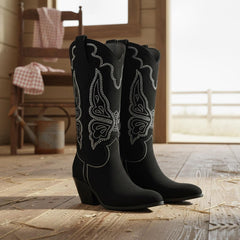 Tuhoomall Western Cowgirl Boots, Comfortable Mid Calf, Chunky Heel, Pointed Toe, Stylish Animal Pattern with Rhinestones for Casual and Party Wear