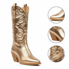 Tuhoomall Comfortable Western Boots for Women – 6cm Low Chunky Heel, Slip-On Design with Floral Embroidery - Fashionable All-Season Style