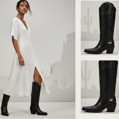 Tuhoomall Tuhoomall Western Knee-High Boots for Women, Floral Embroidered Design, Perfect for Parties, Office, and Casual Wear, 7.5 cm Classic Mid Chunky Heel