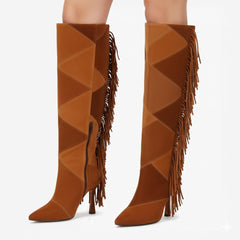 Tuhoomall Knee High High Heel Boots with Zipper, Embroidered Fringe and Geometric Patterns for Parties and Travel