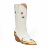 Tuhoomall Off White Star Metallic Gold Applique Wide Mid Calf Boots Slanted Heeled Cowgirl Boots