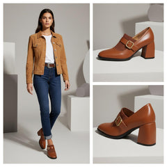 Tuhoomall Mary Jane High Heel Loafers for Women, 7.5 cm Chunky Heel, All-Season Fashion, Pure Leather, Comfortable Slip-On Design