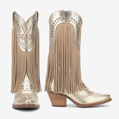 Tuhoomall Western Style Mid Calf Boots with Fringe and Studs - Comfortable Slip-On Design for Parties and Casual Outings Tuhoomall