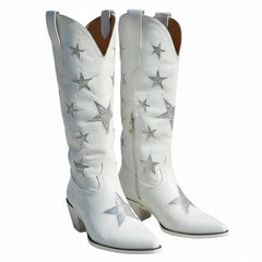 Tuhoomall White Cowgirl Boots With Rhinestones, Pointed Toe, Chunky Heel 6cm, Fashion Casual Style For Travel, Weddings, Year-Round Wear