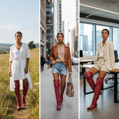 Tuhoomall Western Knee High Boots for Women, Floral Embroidery, Rubber Sole, Adjustable Buckle, Chunky Heel, All-Season Casual Wear