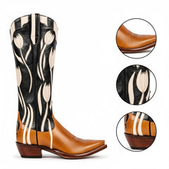 Tuhoomall Western Style Mid Calf Boots With Floral Embroidery - Casual Fashion Footwear For Travel And Parties, 2.00 In Heel, Snip Toe Design Tuhoomall