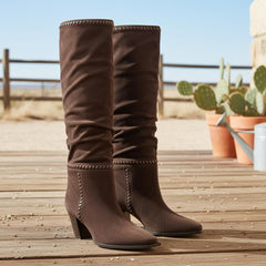 Tuhoomall Knee-High Ruffle Fashion Boots for Women, Chunky Heel, Slip-On, Stylish All-Season Wear