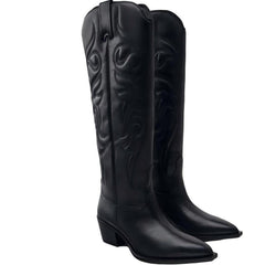 Tuhoomall Western Knee-High Boots for Women, Embroidered Chunky Heel, Slip-On Style, Pointed-Toe, Premium Leather, All Seasons Fashion Tuhoomall