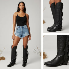 Tuhoomall Western Knee-High Boots with 2-Inch Chunky Heel, Embroidered Vegan Leather, Fringe Detail for Travel and Casual Style