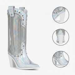 Tuhoomall Chunky Heel Western Rhinestone Booties with Fringes for Fashion Events, Pointed Toe, Slip-On Style, All-Day Comfort, Eye-Catching Design