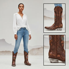 Tuhoomall Western Cowgirl Boots for Women, Floral Embroidered Slip-On Mid Calf Boot, Chunky Heel for Comfort, Stylish for Casual and Outdoor Events