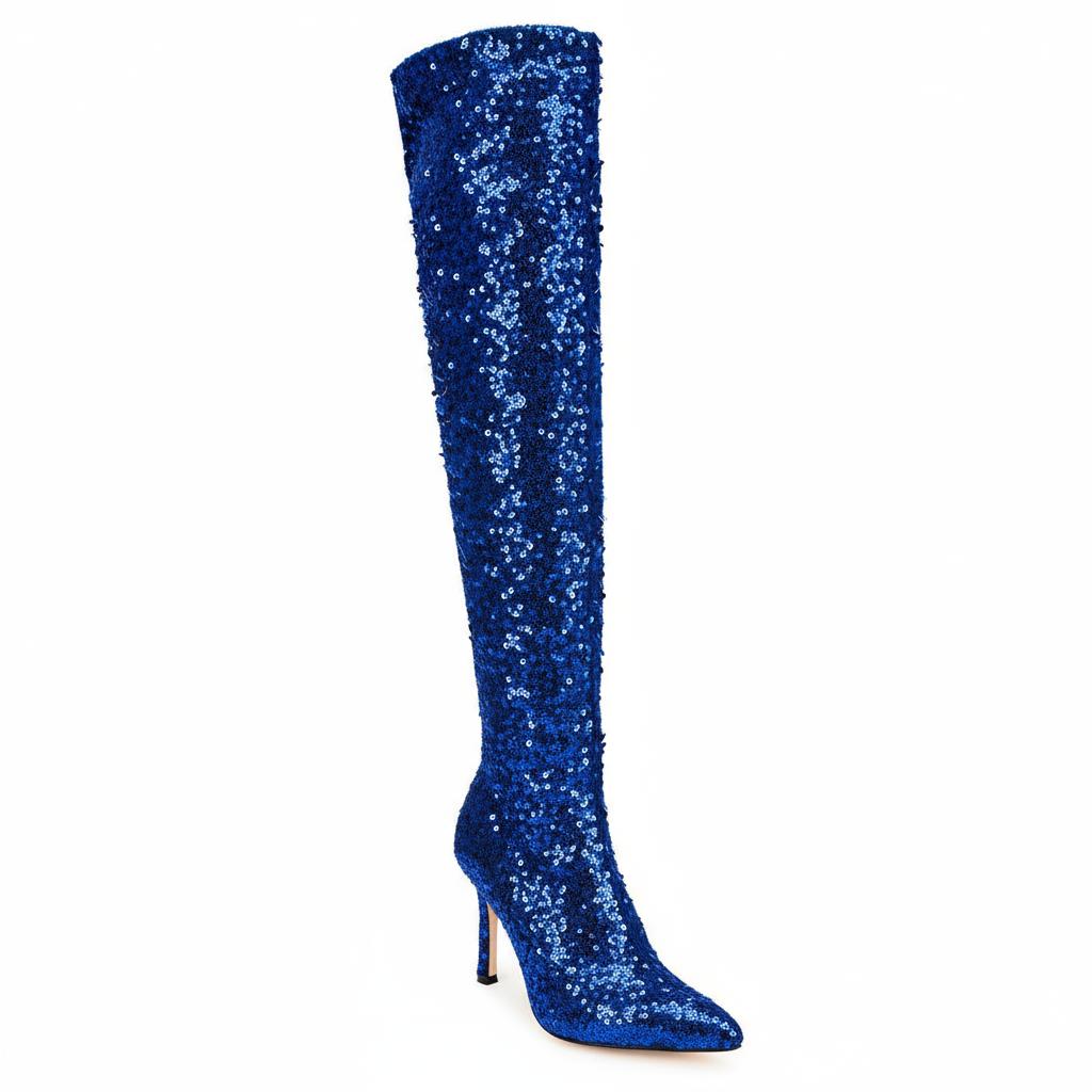 Tuhoomall Sapphire Blue Over-The-Knee Stiletto Boots, Pointy Toe, Sequin Embellishments for Fashion Shows and Parties Tuhoomall