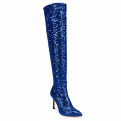 Tuhoomall Sapphire Blue Over-The-Knee Stiletto Boots, Pointy Toe, Sequin Embellishments for Fashion Shows and Parties