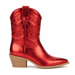 Tuhoomall Metallic Cowboy Ankle Boot with Chunky Block Heel, Pointed Toe, Embroidered Design for Casual Fashion Use, Vegan Leather, All Seasons