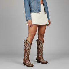 Tuhoomall Western Cowgirl Boots, Slip-On Mid Calf with Chunky Heel, Floral Embroidery for Parties and Casual Wear