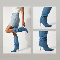 Tuhoomall Slouch Mid Calf Boots For Parties & Performances, Pointed-Toe, Flared Heel, Classic Denim Design, 3.54 in Heel Height