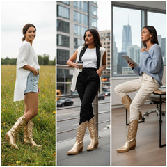 Tuhoomall Comfortable Western Boots for Women – 6cm Low Chunky Heel, Slip-On Design with Floral Embroidery - Fashionable All-Season Style