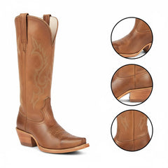 Tuhoomall Western Cowgirl Boots Mid Calf Chunky Heel Slip-On Embroidered Fashion Boots for Travel Outdoor Classic Style Tuhoomall