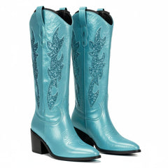 Tuhoomall Comfortable Western Boots with Sequins and Floral Design for Stylish Parties, Runway Shows, and Casual Outings - Knee-High Chunky Heel